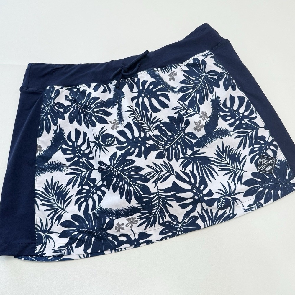 Fullsand‎ Tropical Monstera Print Swim Skort Womens Large Navy White Coastal